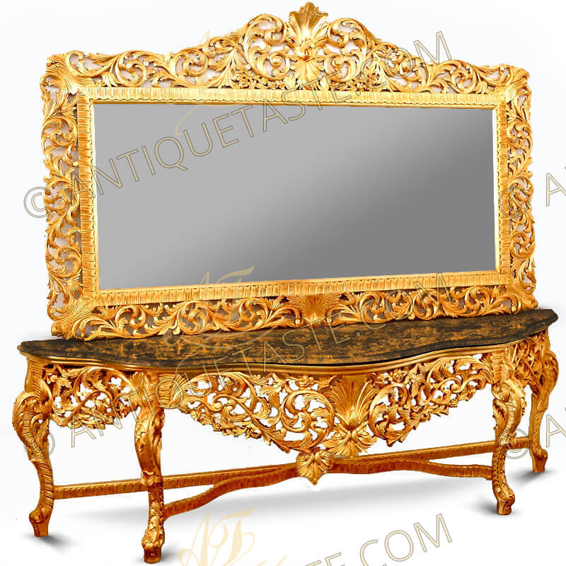 The palatial 3 meters piece characterized with the fine pierced “C” acanthus scroll works on the mirror and the console table, hand carved and gilt with 18th Kt gold foils, with a fine massive veined marble top above four bold cabriole legs elaborately ornamented with acanthus leaves, connected with X stretcher centered with large acanthus leaf